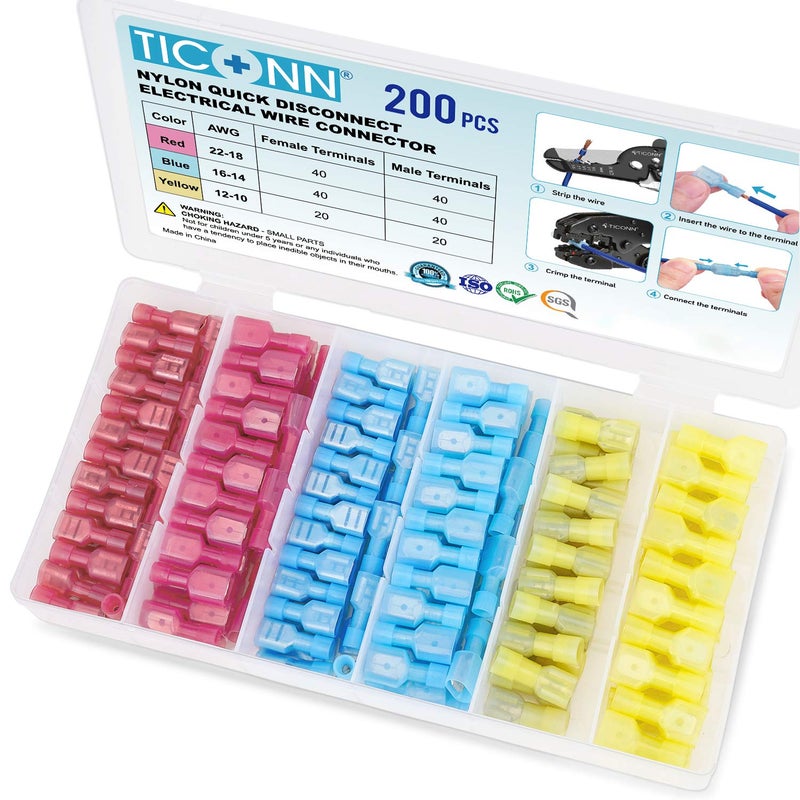 TICONN 200 Pcs Nylon Spade Quick Disconnect Connectors Kit, Electrical Insulated Terminals, Male and Female Spade Wire Crimp Terminal Assortment Kit - Image 1